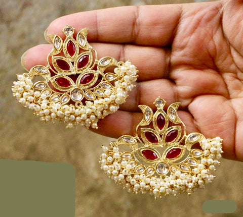 Gorgeous Red Gold Plated Kundan Earrings with White Pearls & Red Semi Precious Stones