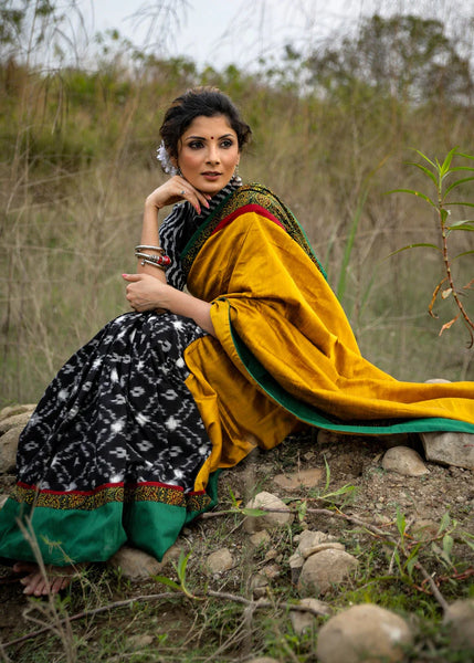 BLACK IKAT & MUSTARD COTTON SILK COMBINATION SAREE WITH AJRAKH BORDER