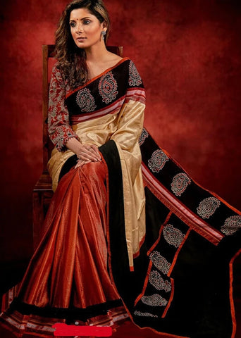 KHUN & TUSSAR SILK COMBINATION SAREE WITH AJRAKH BLOCK PRINTED BORDER