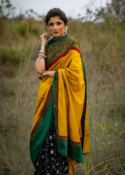 BLACK IKAT & MUSTARD COTTON SILK COMBINATION SAREE WITH AJRAKH BORDER