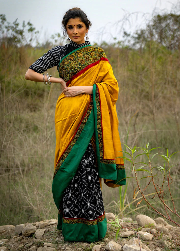 BLACK IKAT & MUSTARD COTTON SILK COMBINATION SAREE WITH AJRAKH BORDER