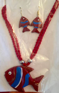 Fish Shaped Red Terracotta With Red Thread Necklace Set