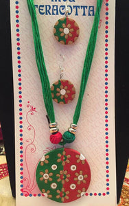 Green & Red & White Terracotta Necklace And Earring Set