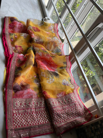 Yellow Pure Organza Silk Saree with Zardosi Work