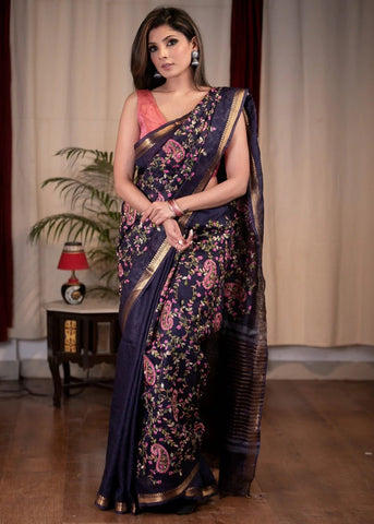 EMBROIDERED ROYAL BLUE PURE LINEN SAREE