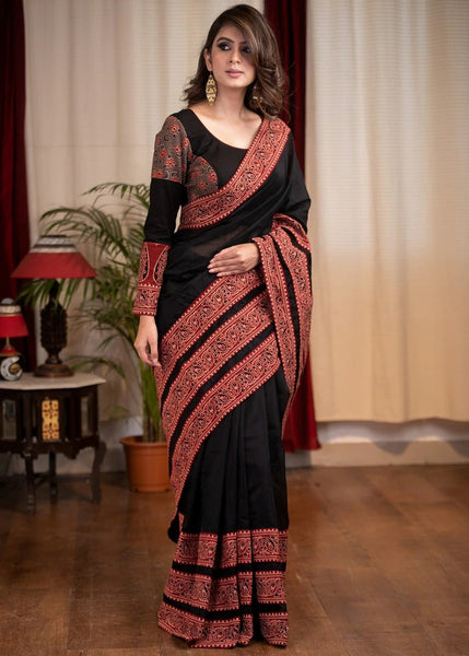 BLACK CHANDERI SAREE WITH AJRAKH BORDER COMBINATION