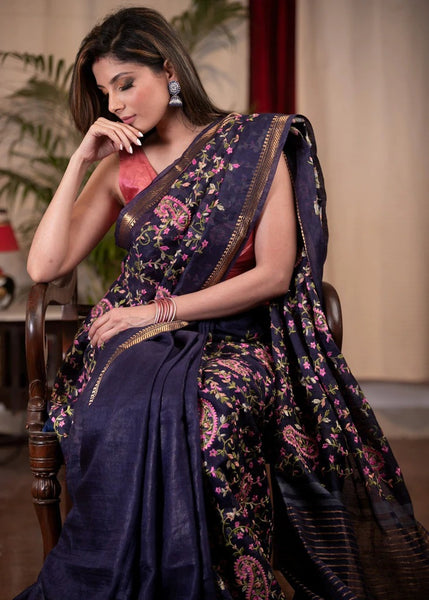EMBROIDERED ROYAL BLUE PURE LINEN SAREE