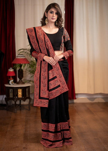 BLACK CHANDERI SAREE WITH AJRAKH BORDER COMBINATION