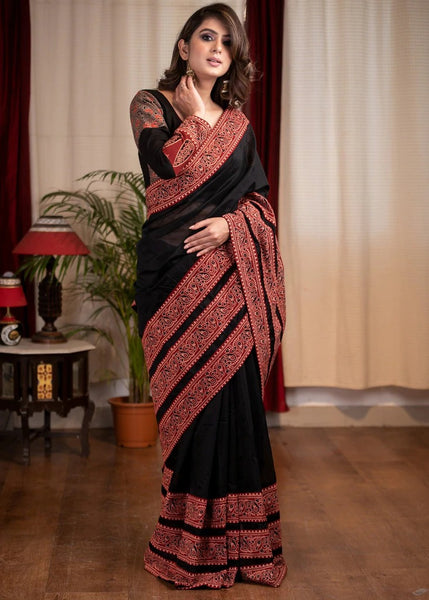 BLACK CHANDERI SAREE WITH AJRAKH BORDER COMBINATION