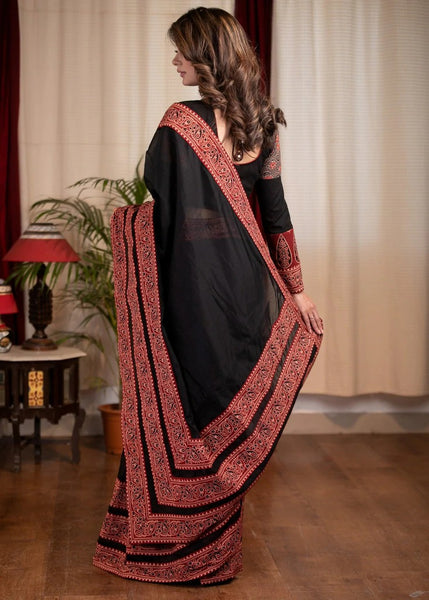 BLACK CHANDERI SAREE WITH AJRAKH BORDER COMBINATION