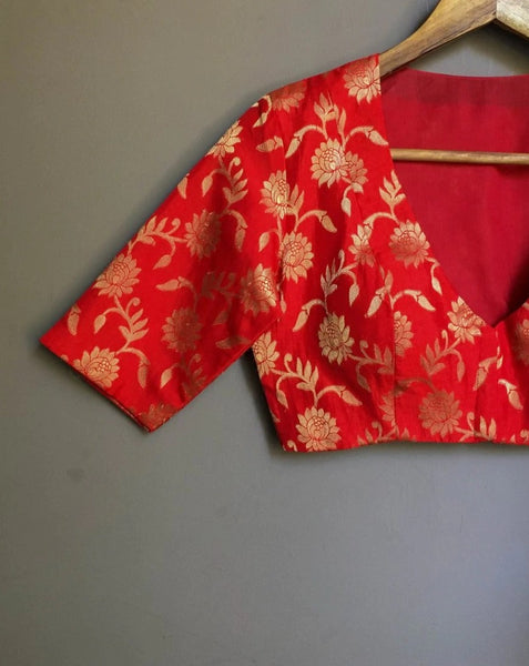 Red Silk Brocade Readymade Blouse