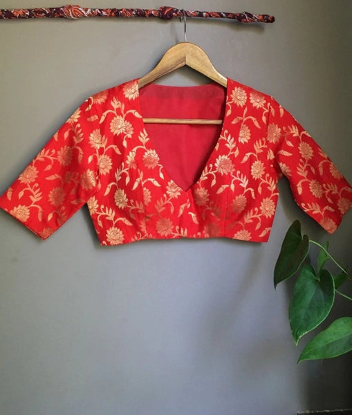 Red Silk Brocade Readymade Blouse