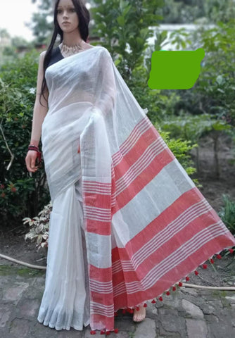 Agamoni Durga Puja Collection Red & White Linen Saree