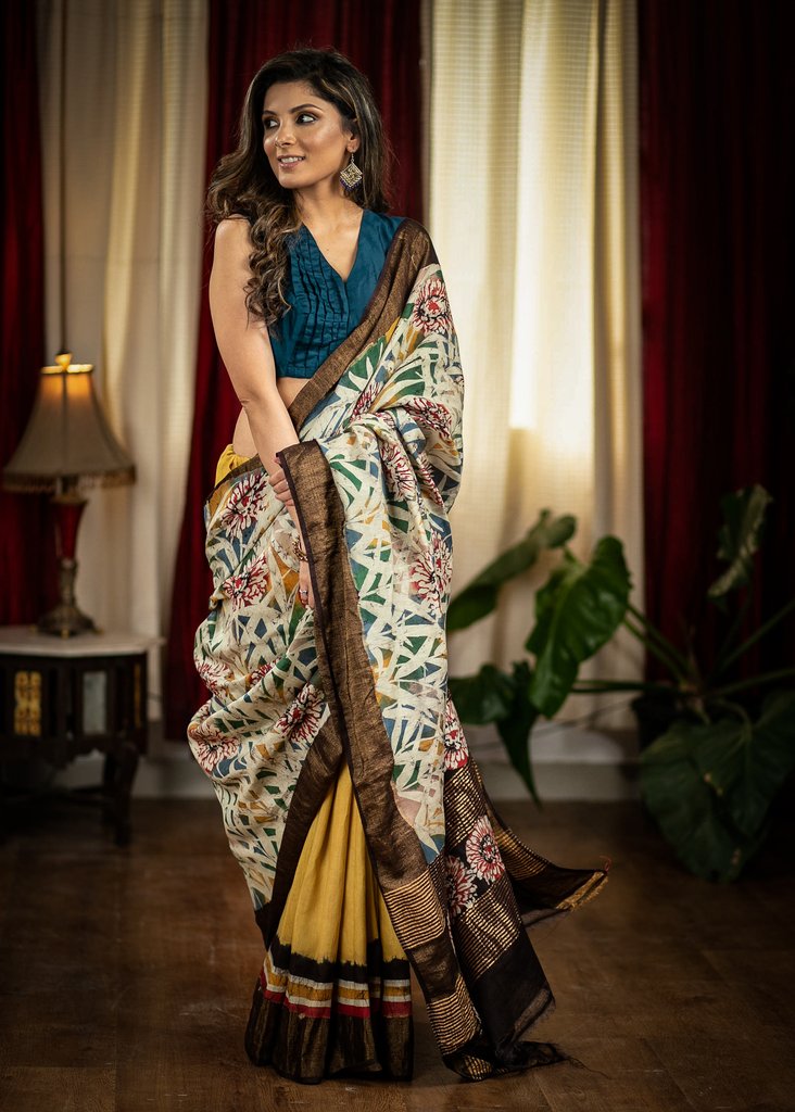 HAND BATIK DESIGNER YELLOW MATKA SILK SAREE