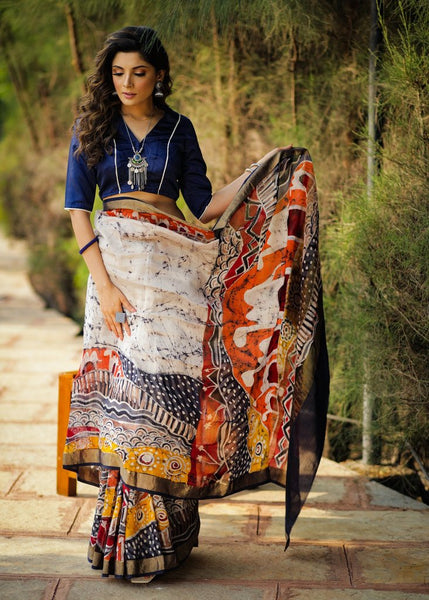 HAND BATIK PURE CHANDERI SAREE WITH ABSTRACT DESIGNS