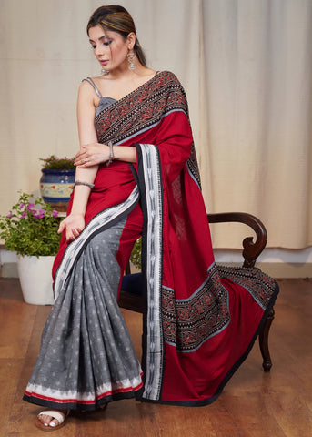 GREY IKAT AND AJRAKH COMBINATION SAREE WITH MAROON COTTON SILK PALLU