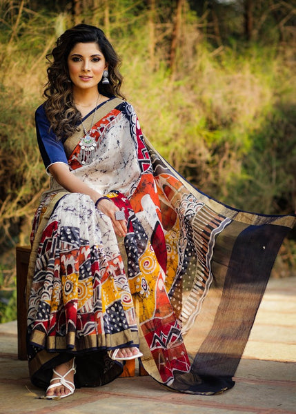 HAND BATIK PURE CHANDERI SAREE WITH ABSTRACT DESIGNS