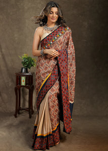 BEIGE COTTON SAREE WITH AJRAKH, MIRROR WORK BORDER AND CHANDERI PRINTED PALLU