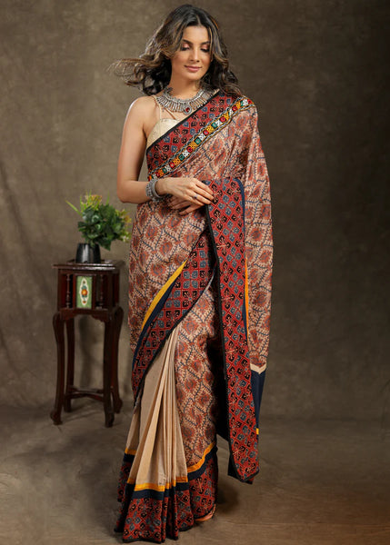 BEIGE COTTON SAREE WITH AJRAKH, MIRROR WORK BORDER AND CHANDERI PRINTED PALLU