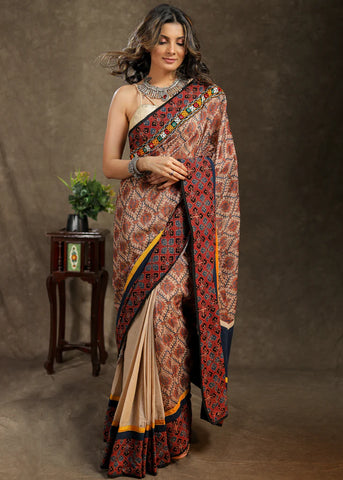 BEIGE COTTON SAREE WITH AJRAKH, MIRROR WORK BORDER AND CHANDERI PRINTED PALLU