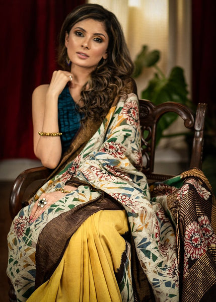 HAND BATIK DESIGNER YELLOW MATKA SILK SAREE