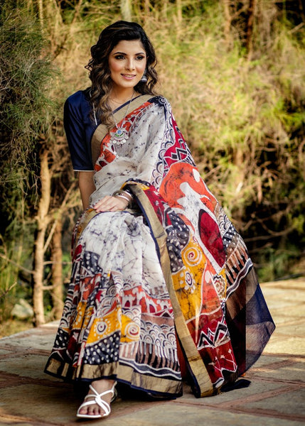 HAND BATIK PURE CHANDERI SAREE WITH ABSTRACT DESIGNS