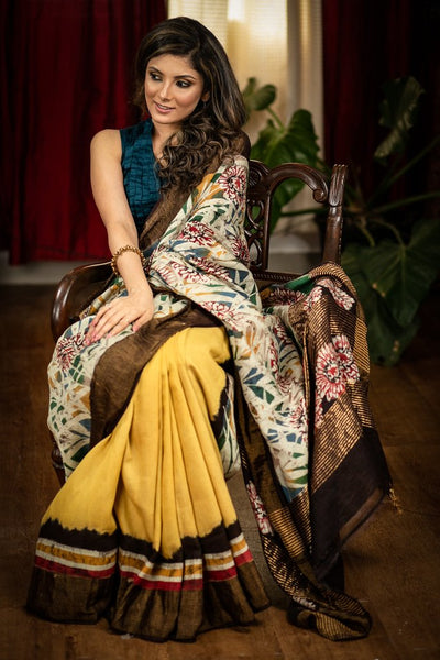 HAND BATIK DESIGNER YELLOW MATKA SILK SAREE