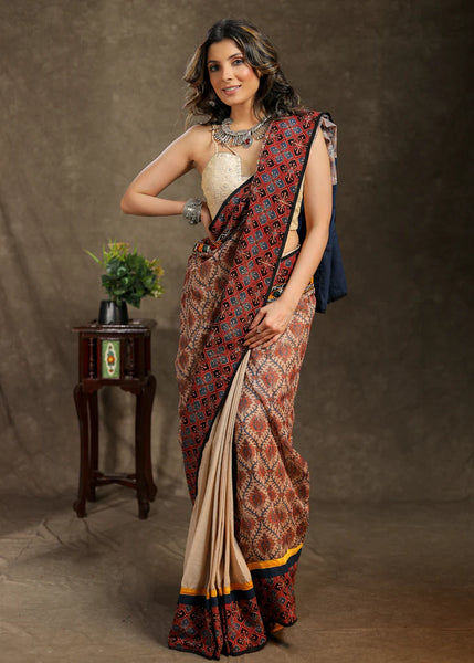 BEIGE COTTON SAREE WITH AJRAKH, MIRROR WORK BORDER AND CHANDERI PRINTED PALLU