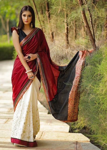 KHUN & GOLDEN EMBROIDERY COMBINATION SAREE WITH BENARASI PIPING