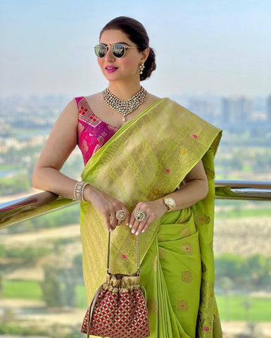 Parrot Green Shade Silk Jacquard Work Saree