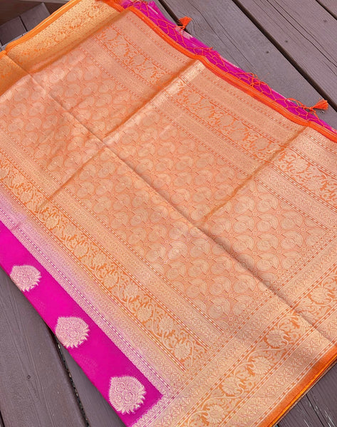 Rani Pink and Orange Kora Maheshwari Silk Saree