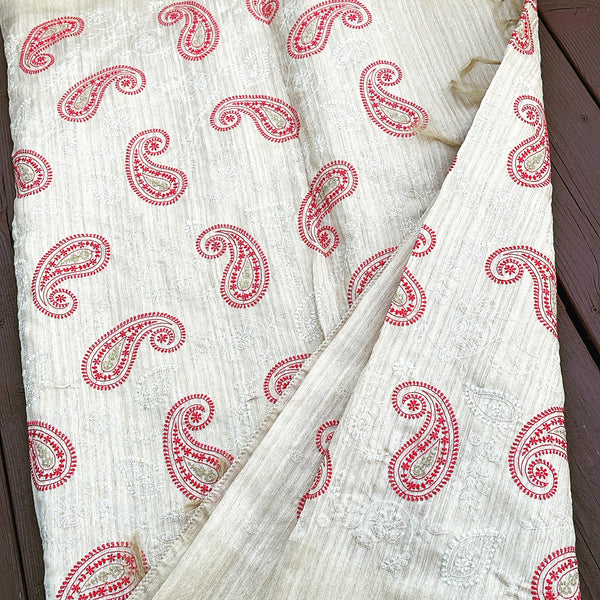Red Embroidered Handloom Tussar Silk Saree with