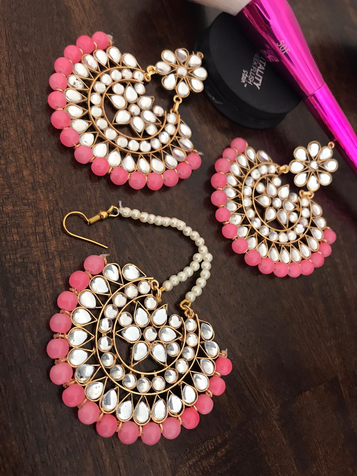 Gold Colored Kundan Lightweight Earrings with Maang Tika & Baby Pink Beads