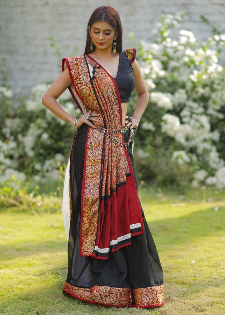 BLACK & WHITE CHANDERI COMBINATION SAREE WITH HEAVY BENARASI PALLU