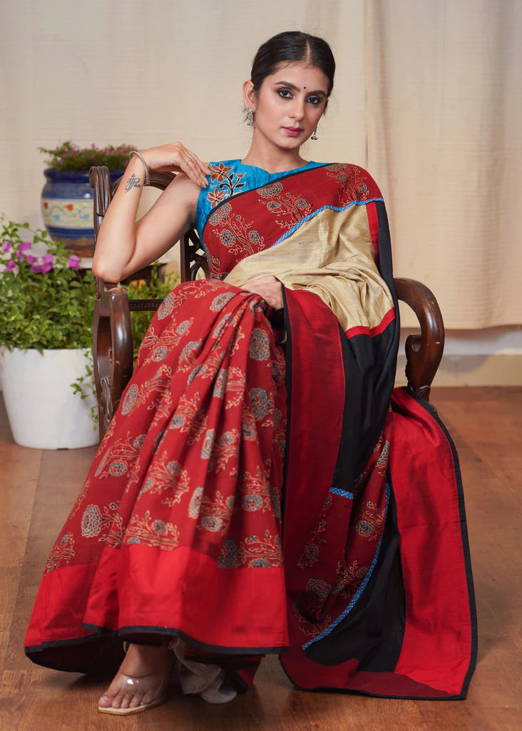 BEIGE ASSAM SILK SAREE WITH BLACK , MAROON COTTON SILK AND AJRAKH COMBINATION BORDER