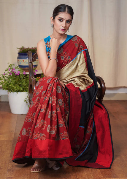 BEIGE ASSAM SILK SAREE WITH BLACK , MAROON COTTON SILK AND AJRAKH COMBINATION BORDER