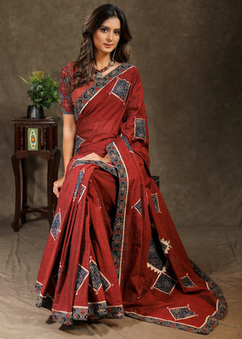 MAROON RAYON SAREE WITH AJRAKH APPLIQUE WORK AND BORDER