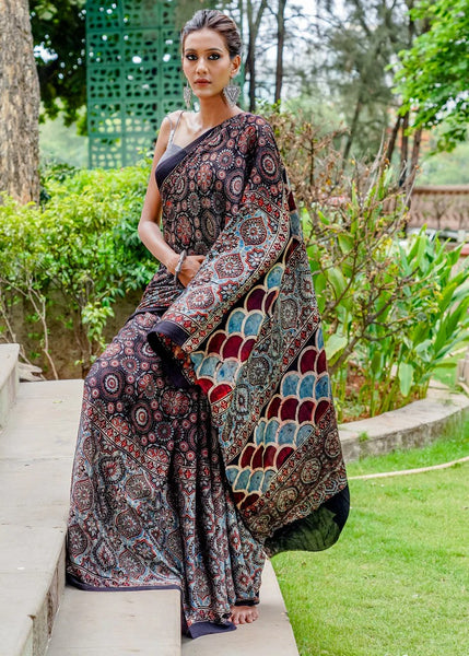 PURE MODAL SILK BLOCK PRINTED BLACK DESIGNER AJRAKH SAREE