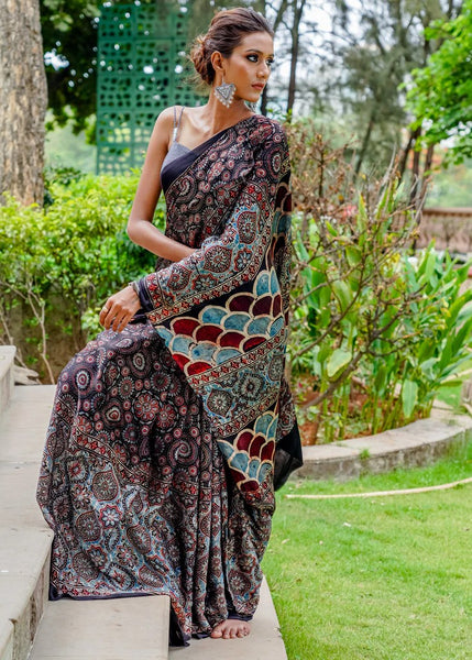 PURE MODAL SILK BLOCK PRINTED BLACK DESIGNER AJRAKH SAREE