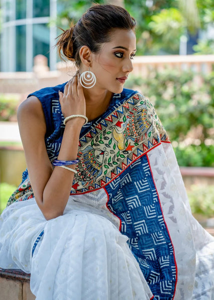 JAMDANI WHITE & INDIGO COTTON SAREE WITH ELEGANT MADHUBANI HANDPAINTING