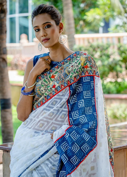 JAMDANI WHITE & INDIGO COTTON SAREE WITH ELEGANT MADHUBANI HANDPAINTING