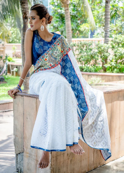 JAMDANI WHITE & INDIGO COTTON SAREE WITH ELEGANT MADHUBANI HANDPAINTING