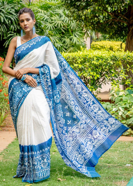 COTTON BATIK BLUE & WHITE SAREE