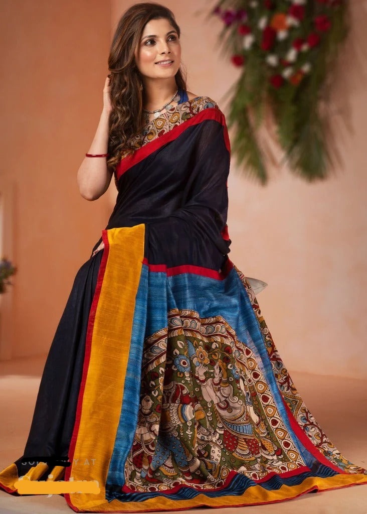BHAGALPURI SILK SAREE WITH HAND PAINTED KALAMKARI PALLU