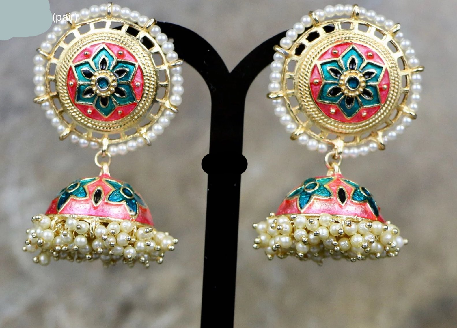 Pink & Sea Green Colored Hand Painted Jhumki Earrings