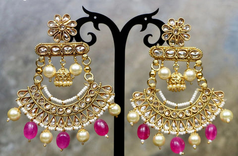 Gold Plated Kundan Earrings with White Pearls & Pink Beads