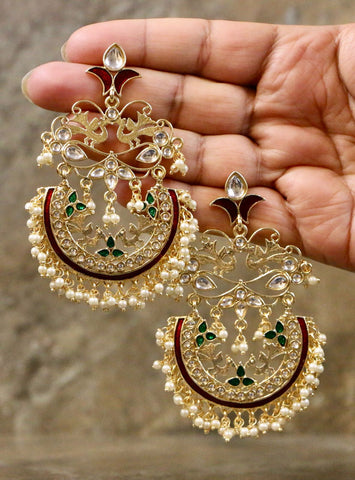 Gold Plated Kundan Enameled Jhumka Earrings with Green & Maroon Semi Precious Stones & White Pearls