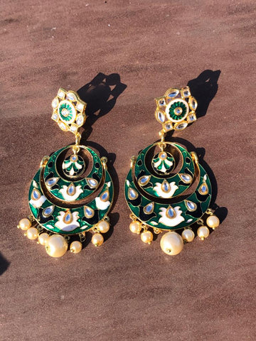 Green Kundan Meenakari Earrings With Pearls