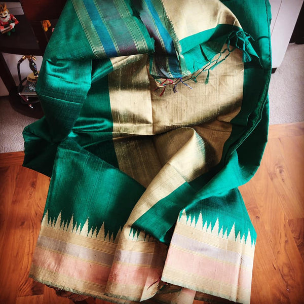 Pure Tussar Dupion Silk in Deep Green with Golden Multicolored Matte Temple Border with Golden Aachal with Tassels