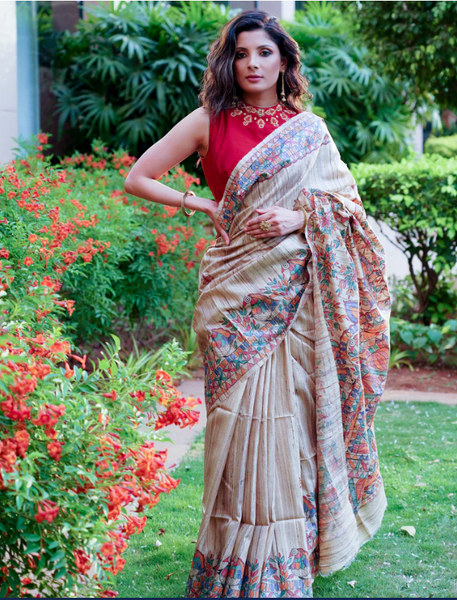 GHICHA SILK HANDPAINTED MADHUBANI SAREE